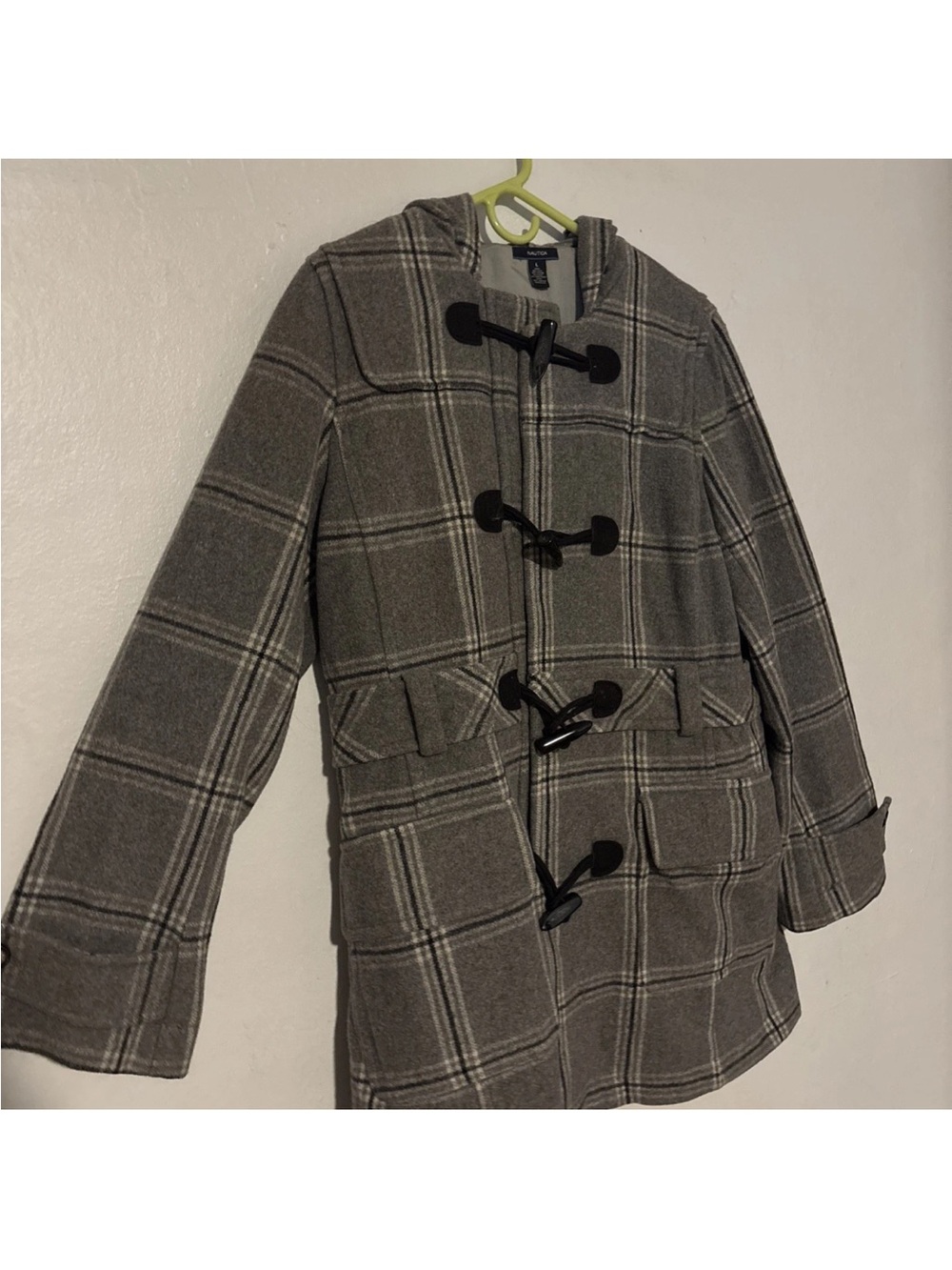 Nautica tall large gray plaid ruffle toggle hooded wool blend coat